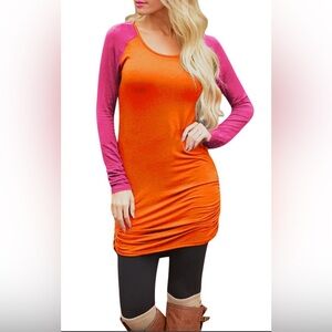 Pink Queen Round Neck Long Sleeve Ruched Tunic T-Shirt Dress